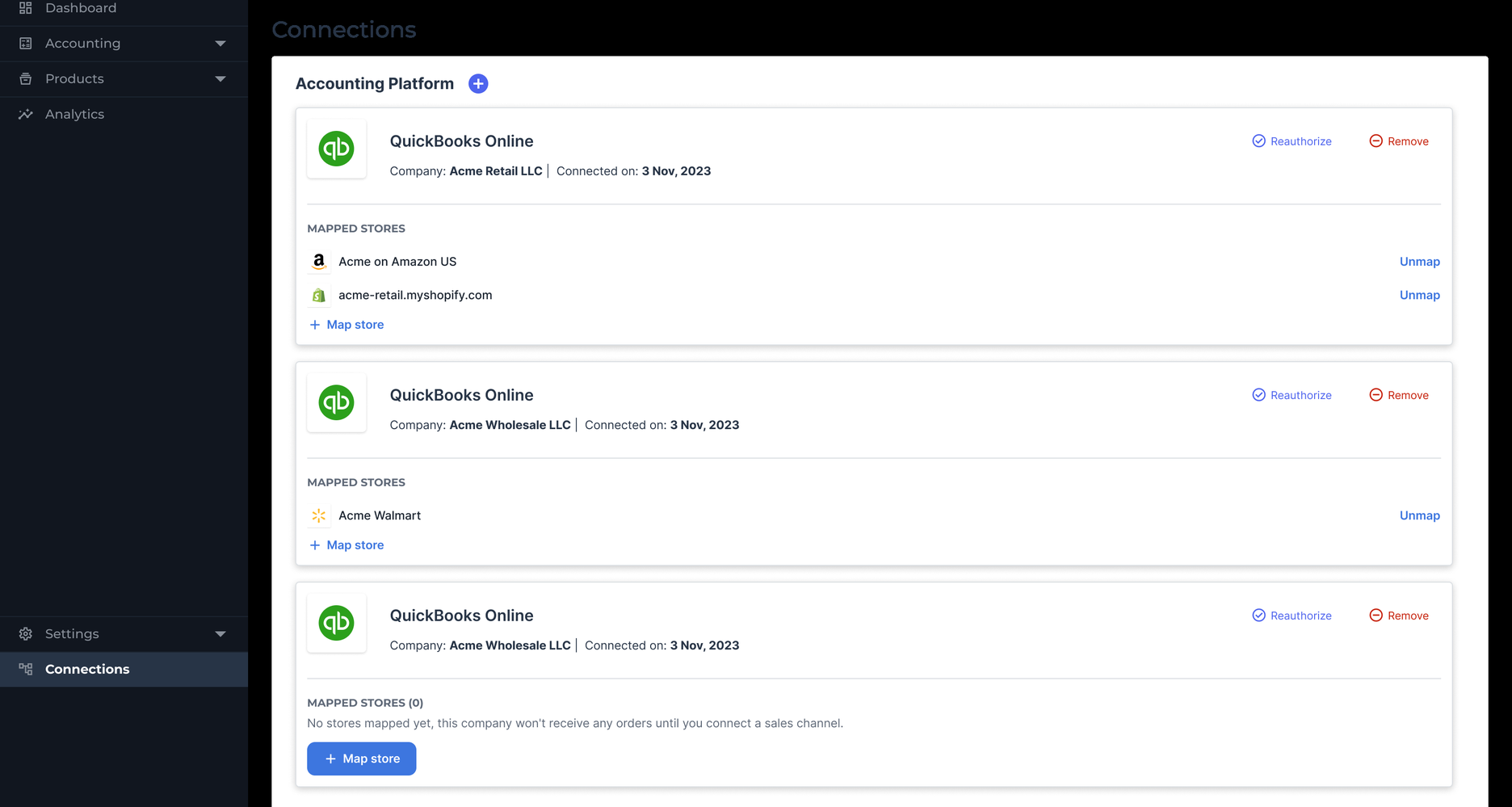Webgility Connections — three QuickBooks Online companies, each with its own mapped stores